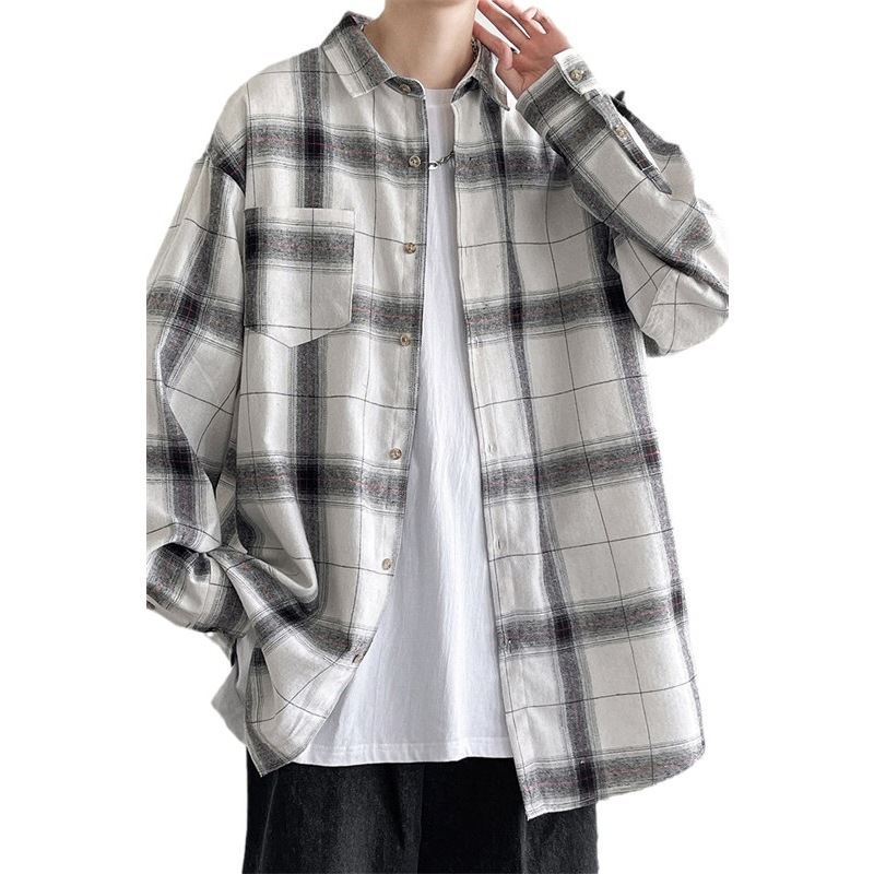 Hong Kong Style Antique Plaid Shirt Men's Spring and Autumn High Street vibe Loose Casual Korean Style ins Fashionable Large Size Jacket