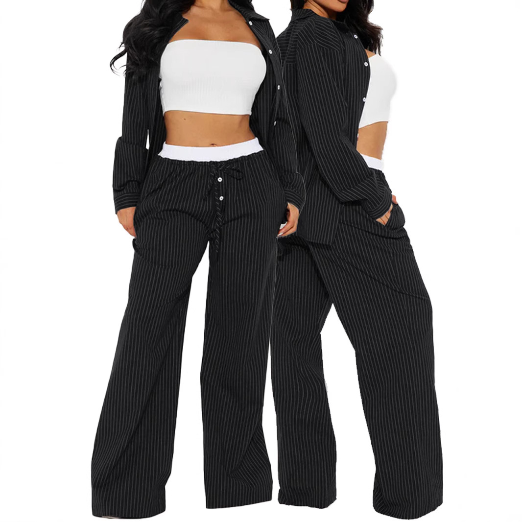 European and American New 2025 Spring Amazon Women's Casual Striped Laps Shirt Single-breasted Flat-angle Wide-leg Pants suit