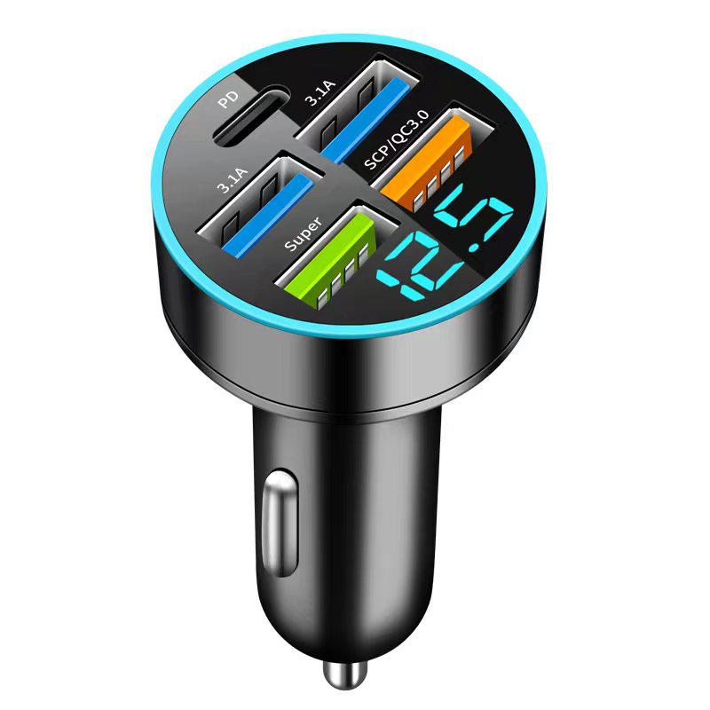 New digital display car charger 4usb 66W fast charge PD mobile phone charging head one drag four QC3.0 car charger