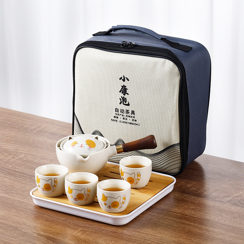 Rotating a Pot of Four Cups Travel Tea Set Accompanying Gift Tea Pot Household Ceramic Side Handle Pot Not Hot Lazy Tea Maker