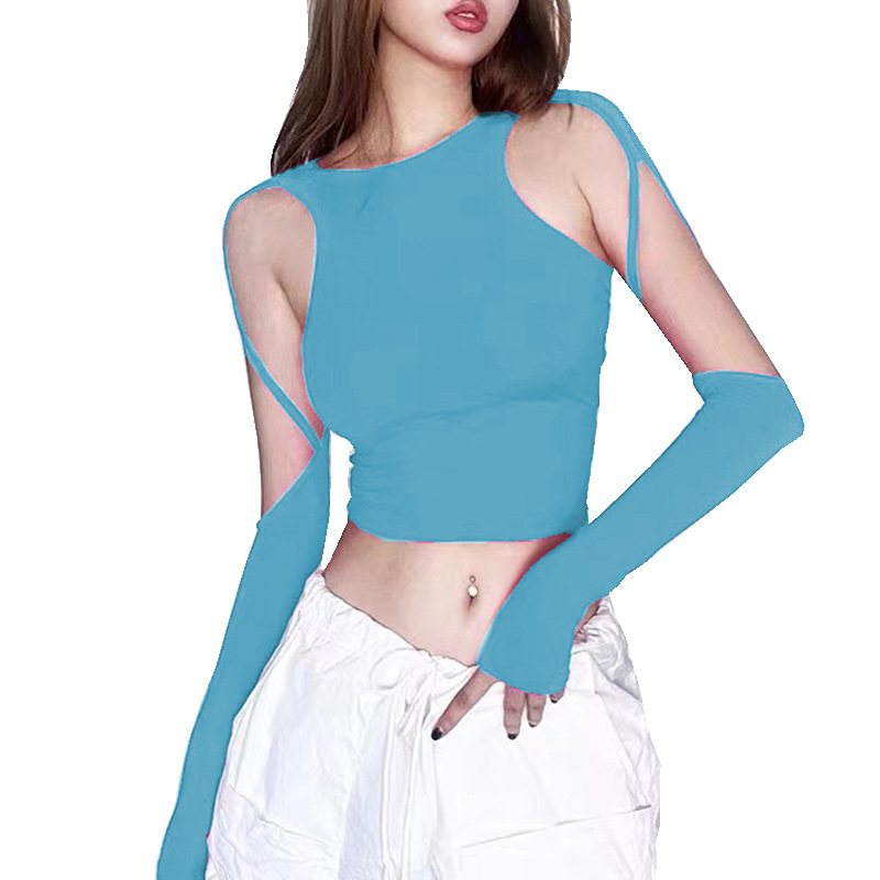 Foreign trade new nude long sleeve women's hollow slimming irregular design moisture wicking skin-friendly fabric with chest pad