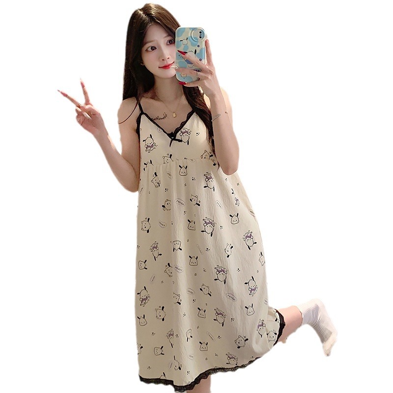 Summer Nightgown Women's Day Silk Cool Cotton Cute Sweet Sling with Chest Pad Mid-length Nightgown Loose Thin Home Clothes