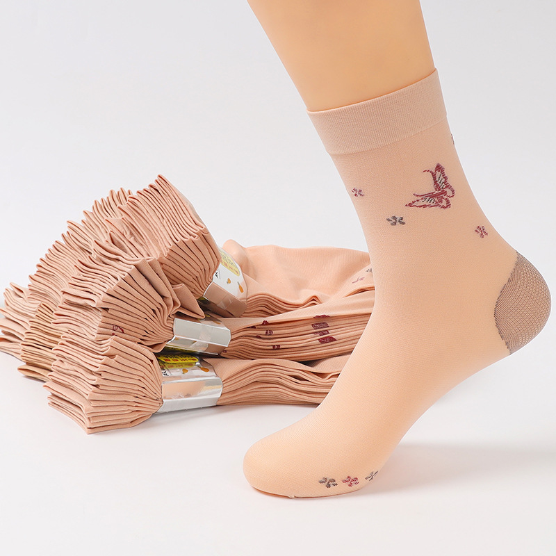Women's mid-tube stockings with heel bending plate mid-tube jacquard stockings for middle-aged and elderly with heel anti-stripping silk short stockings summer thin