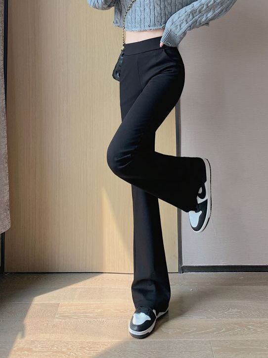 [Long Leg Horseshoe Pants] Spring New Slim-fit Cotton Black Not Pilling Casual Elastic Micro Horn Pants