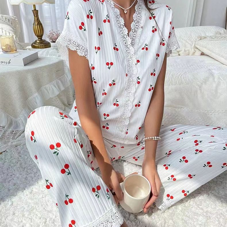 European and American Cross-border Hot-selling Home Clothes Cherry Printed Long-sleeved Lapel Pajamas Women's Outer Wearing Pants Two-piece suit