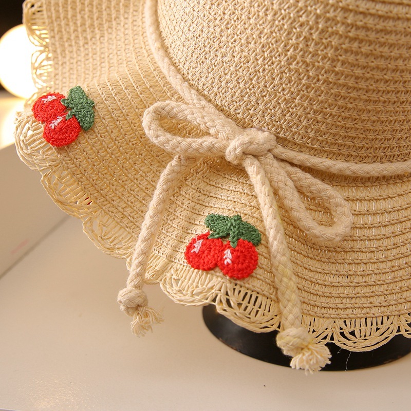 Children's Cherry Straw Hat Summer Sun Hat Seaside Vacation Sun Hat Sunscreen Girl Kids Set Hat