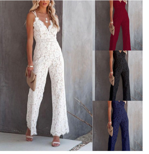 European and American women's deep V backless jumpsuit cross-border long solid color slim sleeveless jumpsuit women's wholesale