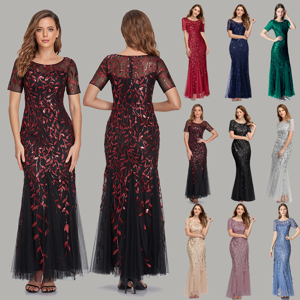 Spring and Summer cross-border 2024 banquet host European and American slim mesh sequined evening dress fishtail dress women
