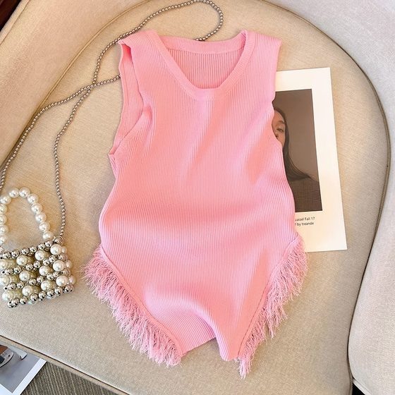 French Sweet and Spicy Style Top Set Women's Pink Tassel Knitted Small Camisole Vest + High Waist Wide Leg Casual Shorts