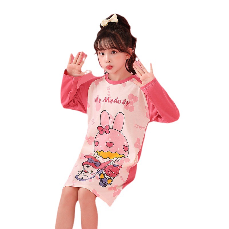 Girls' nightdress autumn long-sleeved nightdress cotton girls' dress children's floral cartoon princess dress one-piece delivery