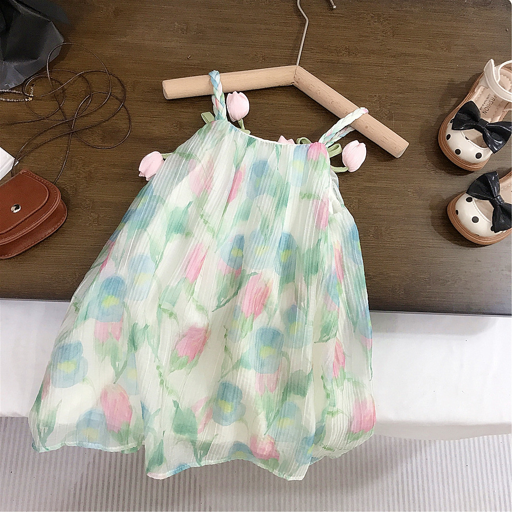Summer Girl's Floral dress Baby Korean Style Children's Wear Girl's Western Style Tulip Sling Princess Dress Trendy Foreign Trade
