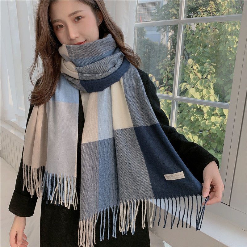 新款大格子圍巾女冬高級感風學生韓版可愛百搭流蘇披肩一件代發