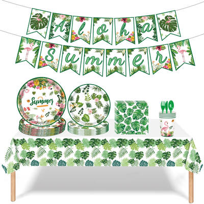 Spot Hawaiian Flamingo Palm Leaf Paper Plate Paper Cup Tablecloth Knife and Fork Spoon Party Decoration Disposable Tableware