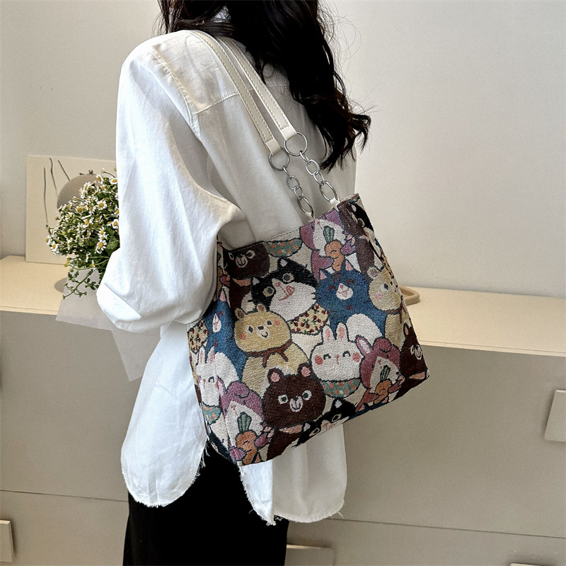 Cartoon Cute Casual Large Capacity Bag Women 2024 New Fashion Retro Handbag Versatile Shoulder Tote Bag