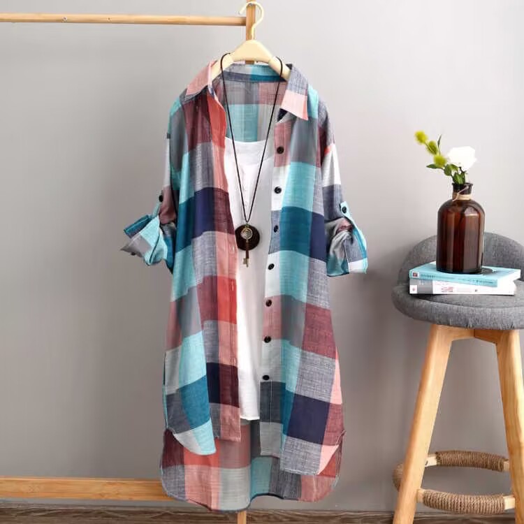 Women's sun protection clothing shirt Women's Mid-length plus size women's loose slimming fashionable plaid shirt women's casual coat