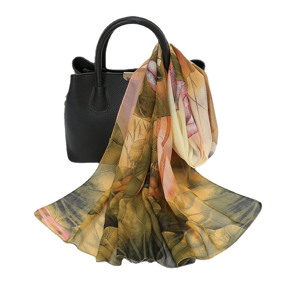 24 New Lotus Pond Moonlight Printed Silk Scarf Thin Chiffon Sunscreen Scarf Travel Shawl Beach Towel Women XQ373