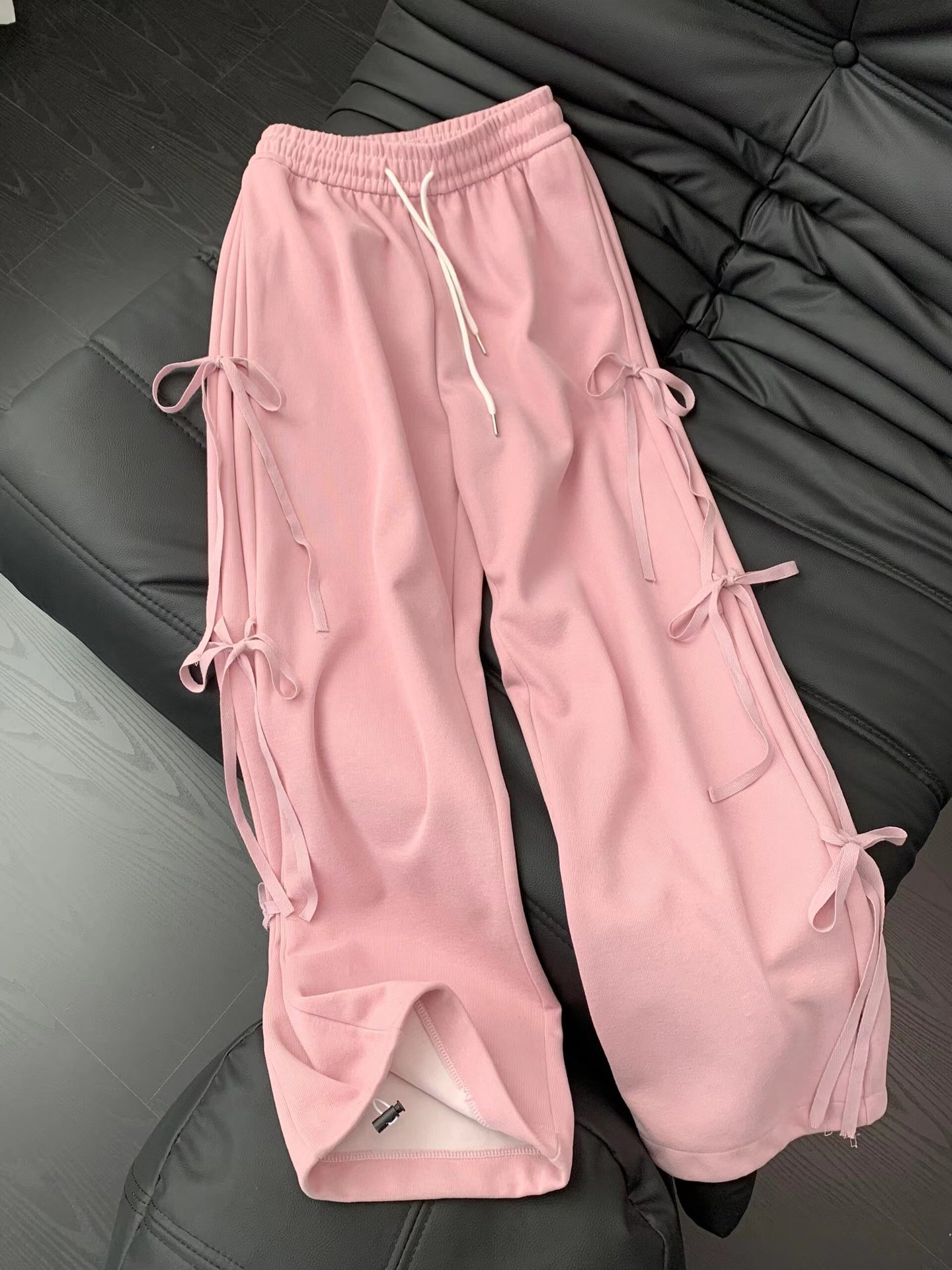 New Korean style retro bow lace-up straight sweatpants women's early spring niche design loose casual wide-leg pants