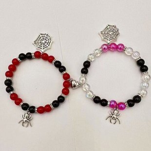 Cross-border hot selling Halloween spider love heart magnetic suction bracelet beaded elastic adjustable couple holiday bracelet