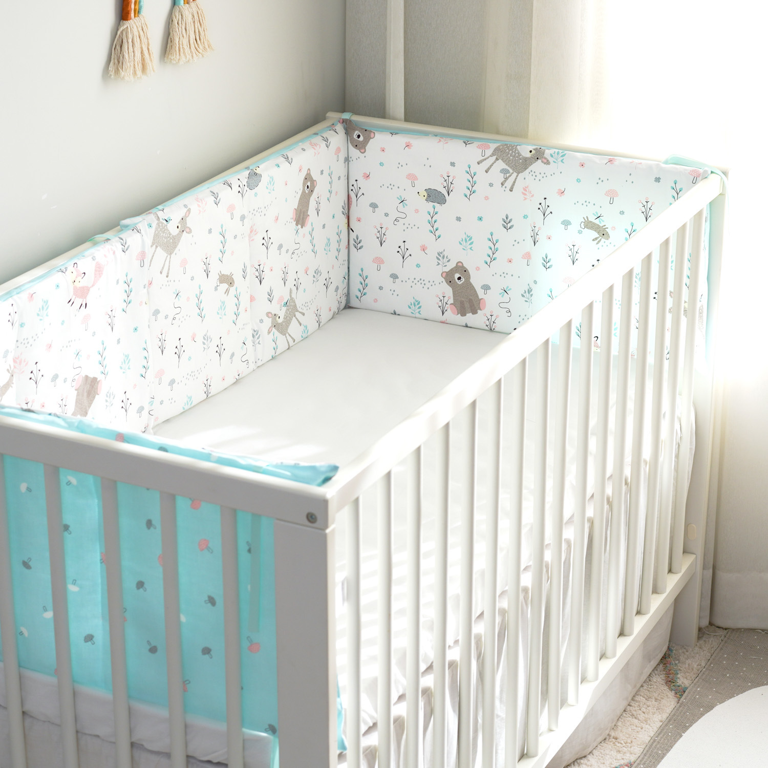 Baby's Bed Guardrail Anti-collision Barrier Fence Soft Bag Cotton Green Flower Bear 120*30 One Piece