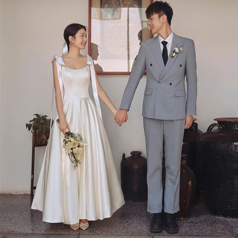 French-style light wedding dress sling niche high-grade bow outdoor travel photography engagement license small dress pettiskirt autumn