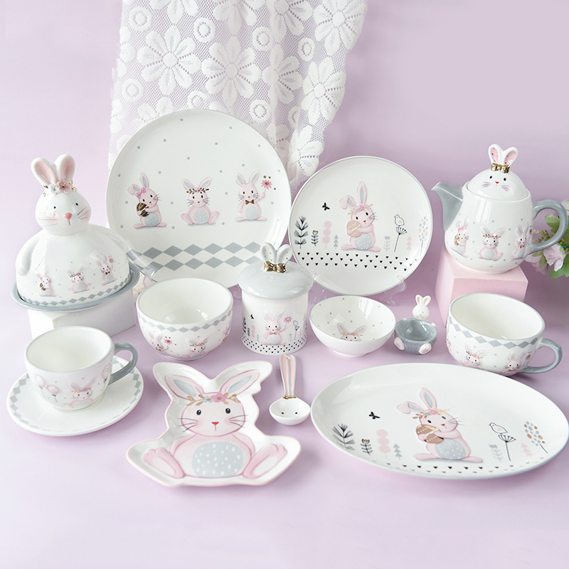 Creative Cute Rabbit Ceramic Plate Rice Bowl Plate Set Light Luxury Ceramic Relief Tableware Home Breakfast Salad Bowl Butterfly