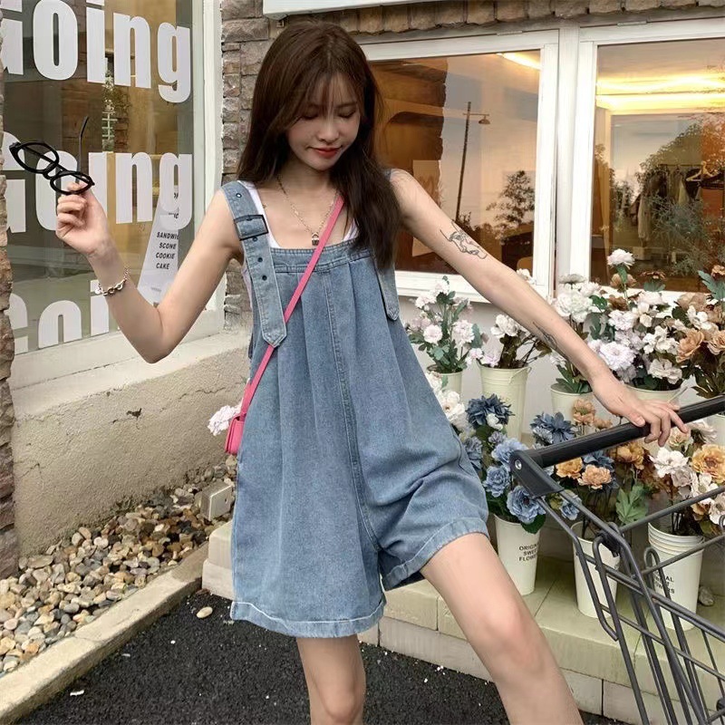 Curled Denim Overalls Shorts Women's Summer New Arrival Salt Sweet Wide Leg Loose Jumpsuit for Small Students