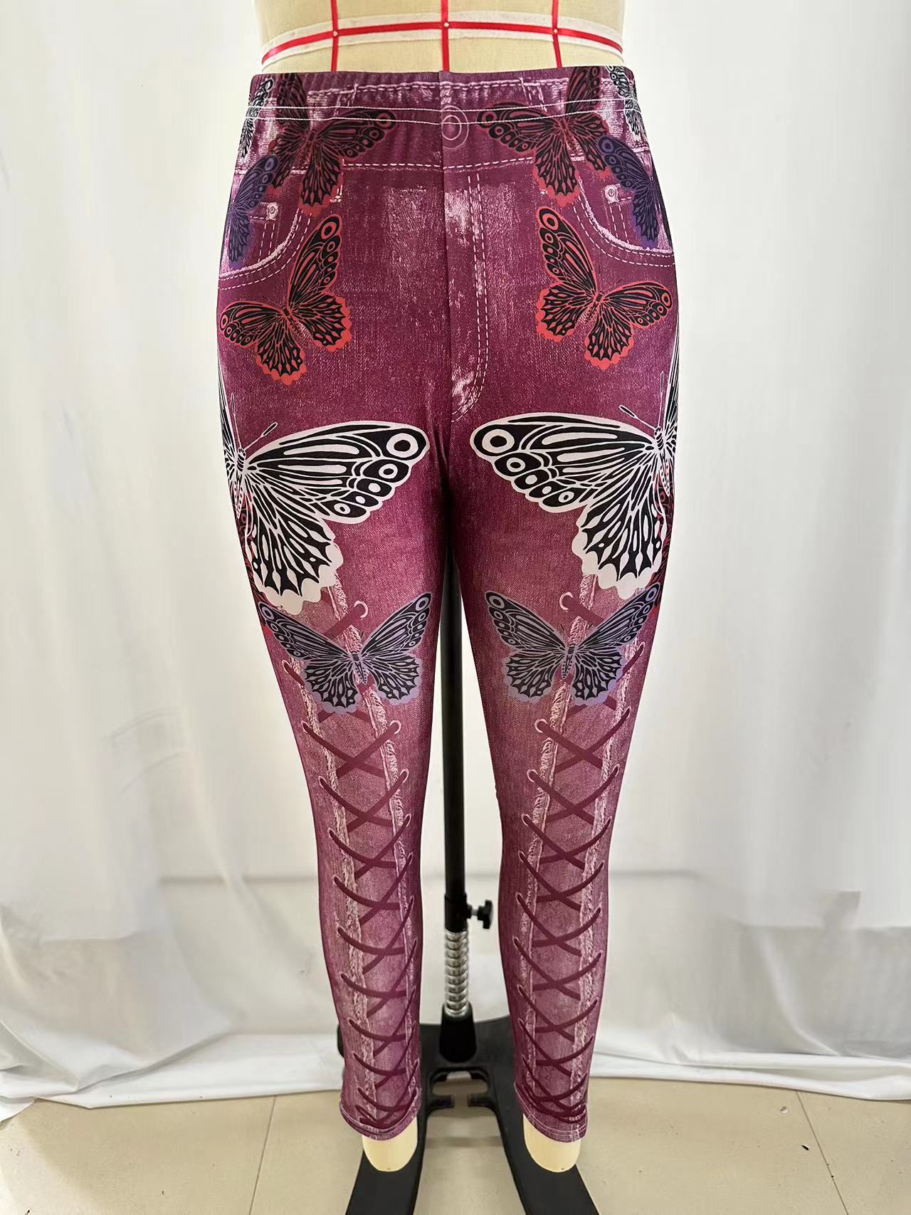 In Stock European and American AliExpress popular women's butterfly print Denim sports leggings plus size breathable