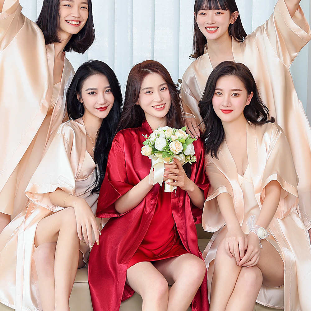 bride Gown morning Gown Lady nightgown wedding makeup bridesmaid group wedding kimono imitation silk cardigan bathrobe