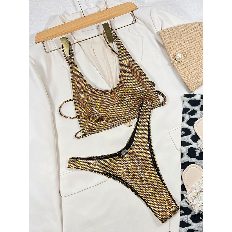 2023 New European and American Cross-border Split Bikini Multicolor Gradient Special Fabric Drawstring Beautiful Back Amazon Swimsuit