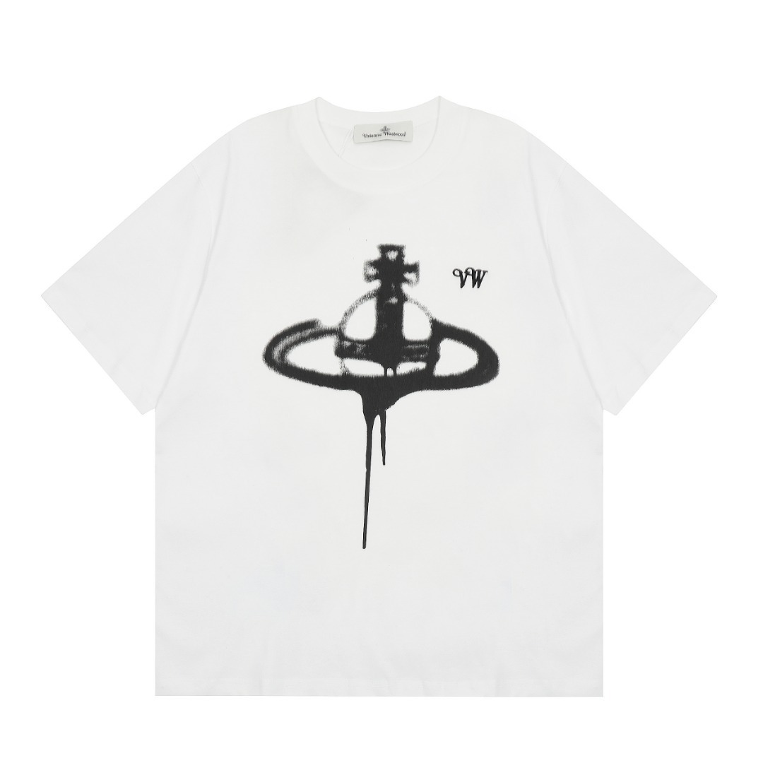 Trendy Brand Spring and Summer vivienne Empress Dowager Saturn Inkjet Printing Men's and Women's Niche Simple Short-sleeved T-shirt