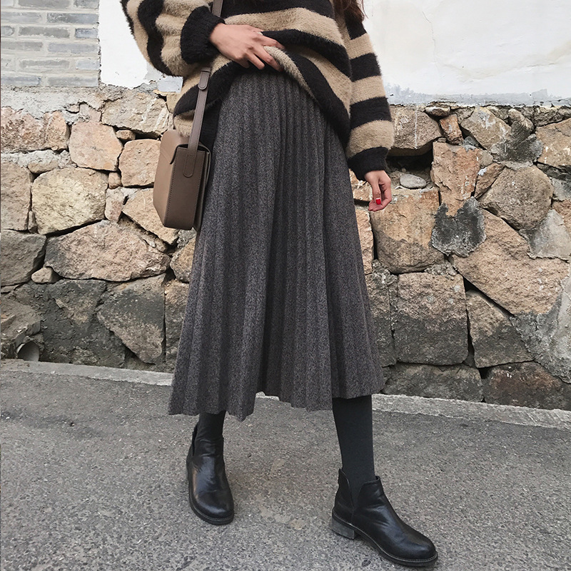 Foreign Trade Amazon 2023 Autumn and Winter Large Size Skirt High Waist Pleated Long Skirt Solid Color Woolen Skirt Swing Skirt