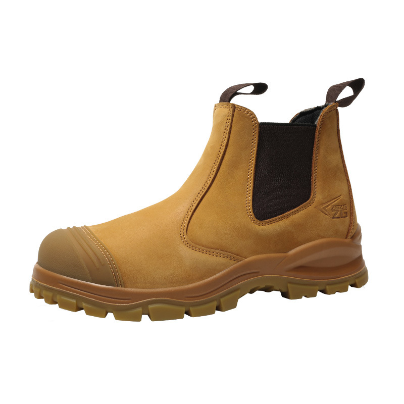 European Standard Labor Protection Shoes Anti-smashing and Anti-piercing Mid-help Slip-on Men's Shoes Steel Toe Protective Shoes Cattle Leather Wheat Color Work