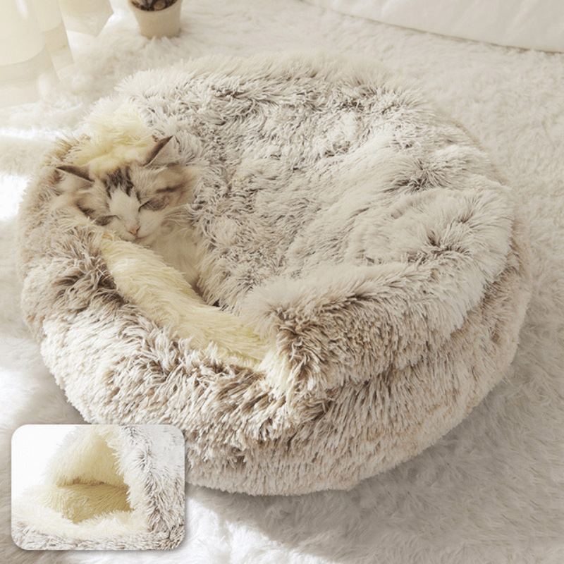 四季通用の猫の巣の貝殻の巣の長いぬいぐるみの半閉鎖の半分は蓋のペットの巣の保温の深い睡眠の猫のベッドを囲んでいます。|undefined