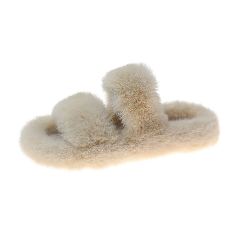 Foreign trade large size double Mao Mao slippers women autumn and winter New wear flat bottom one-word warm cotton slippers women Wholesale_voghion.com