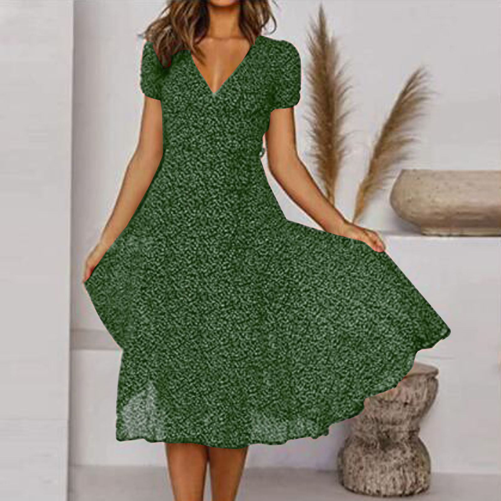 2021 spring and summer cross-border women's clothing eaby Amazon popular short sleeve V-neck sexy floral dot print dress