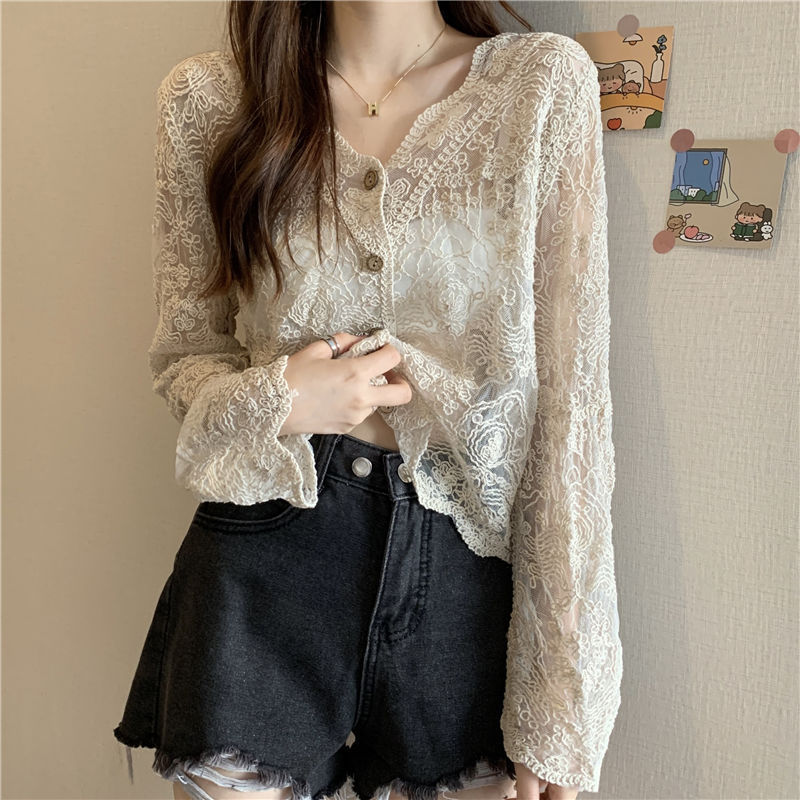 2024 new summer new Korean style sun protection clothing women's age-reducing hollow lace outer wear western style small shirt top cardigan