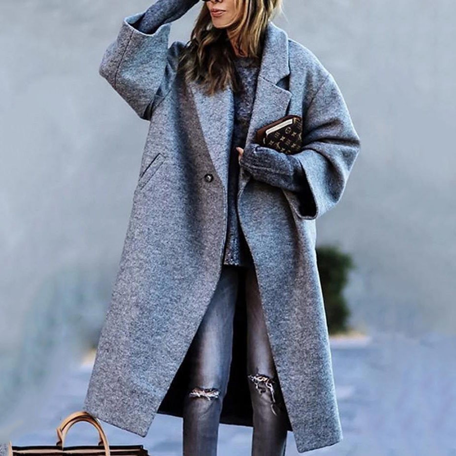 European and American autumn and winter long woolen coat color temperament commuting beltless lapel loose woolen green coat for women