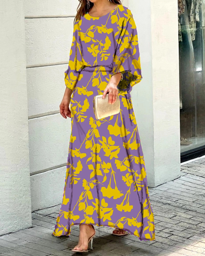 2022 cross-border European and American women's autumn New loose printed long-sleeved top high waist half-length plus size long skirt suit