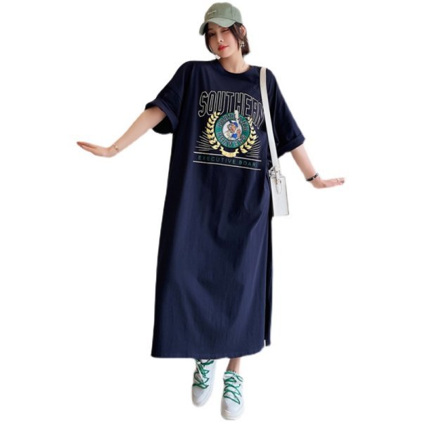 Fat mm large size summer simple knee-length lazy dress split 2023 new long Korean dress 200kg