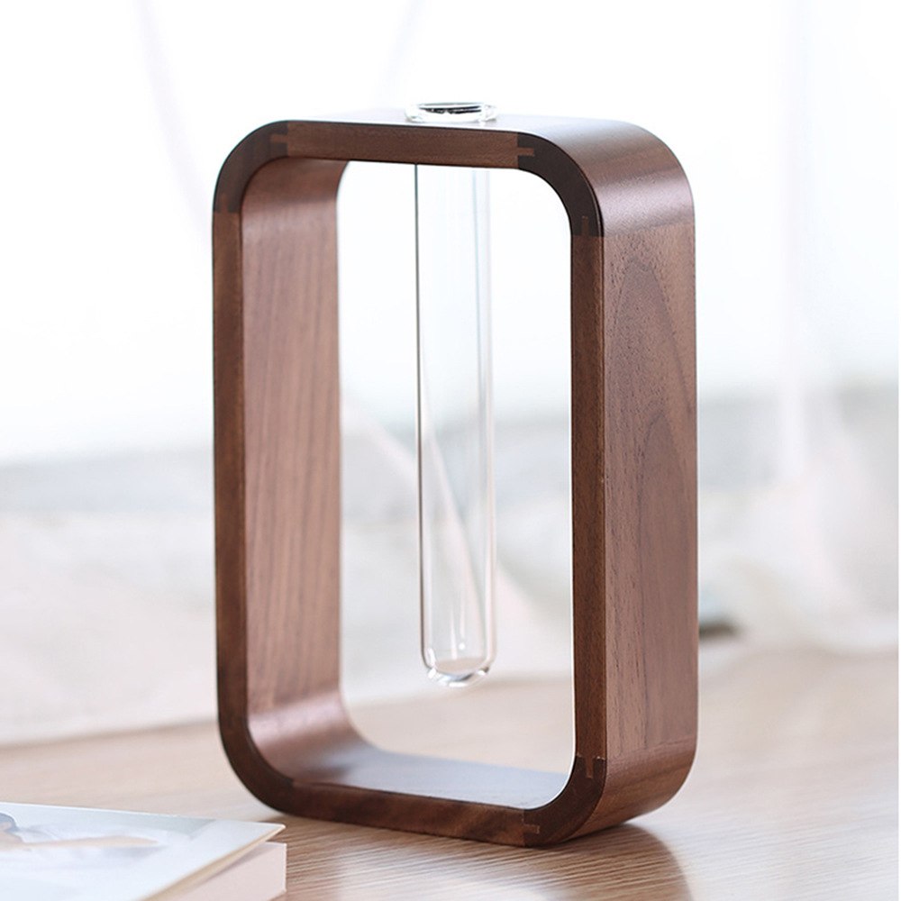 Solid Wood Test Tube Vase Living Room Transparent Glass Desktop Ornaments Black Walnut Wood Rich Bamboo Green Rose Hydroponic Flower Set