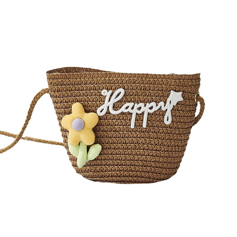 Mini straw bag children's bag cute girl messenger bag fashion Happy small flower small bag shoulder bag baby fashion