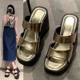 Wedge platform slippers for Women summer outdoor high heel sandals 2023 new European and American style one-word slippers for women