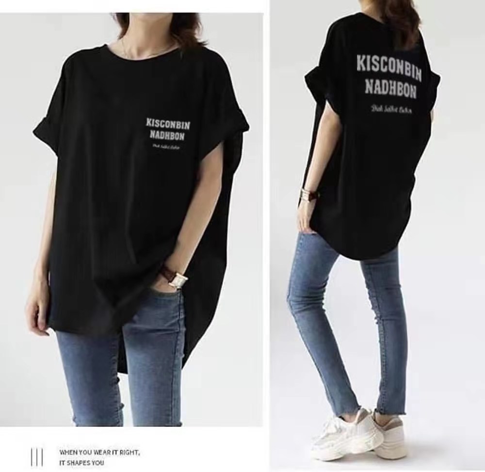 Japanese and Korean letter printed short-sleeved T-shirt for women in summer loose large size mid-length lazy style irregular top