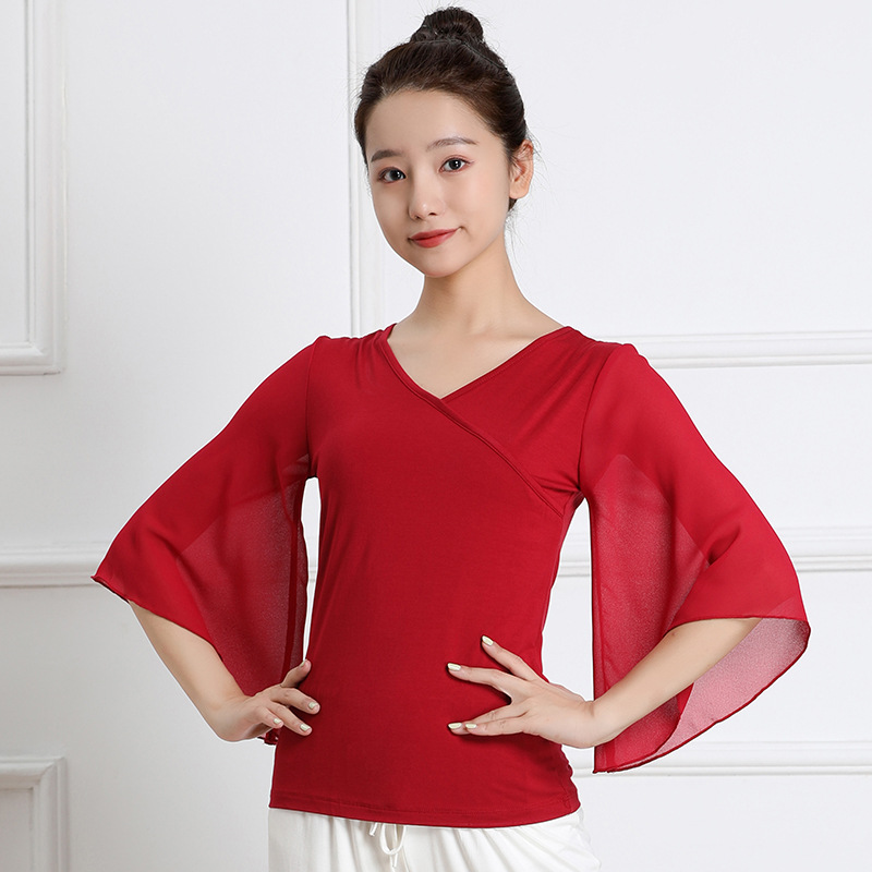 New Modal Dance Suit Chiffon Horn Gauze Sleeve Square Dance Dance Top V-Neck Team Performance Suit