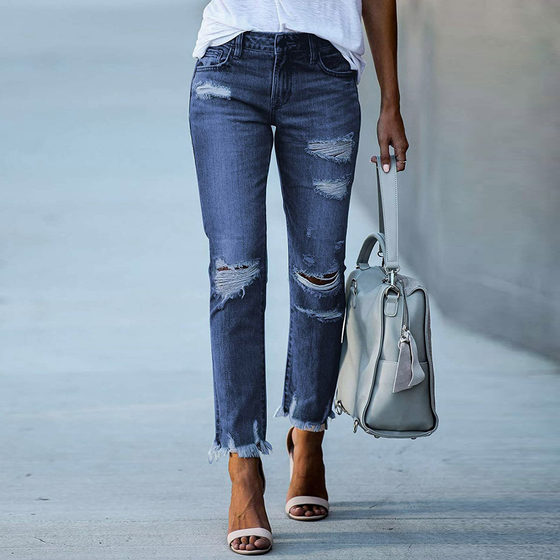 2021 Amazon wish cross-border independent station new women's tight solid color white-on denim ripped jeans