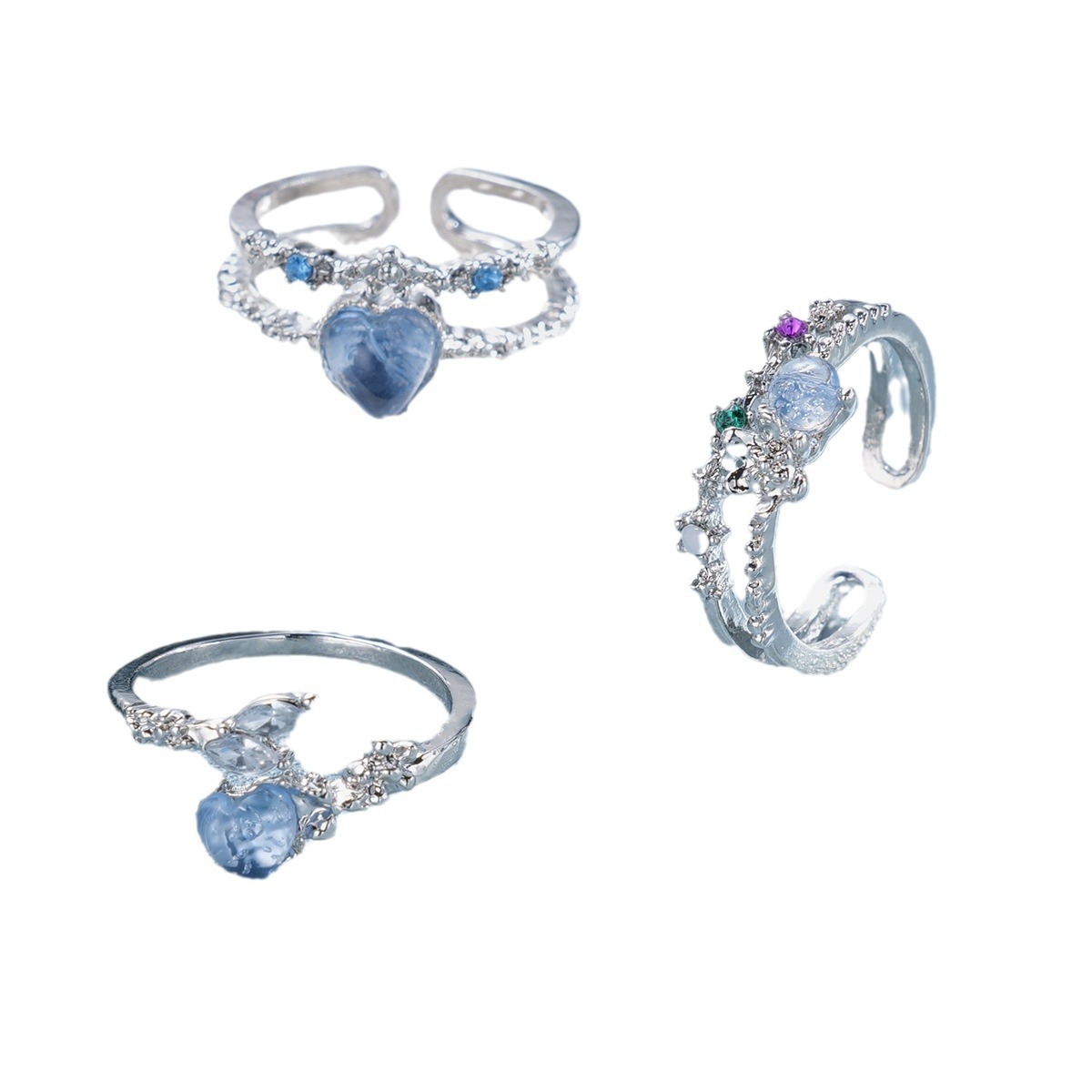 Cross-border navy blue love Moonlight zircon open ring female niche high-grade index finger ring exquisite adjustable ring