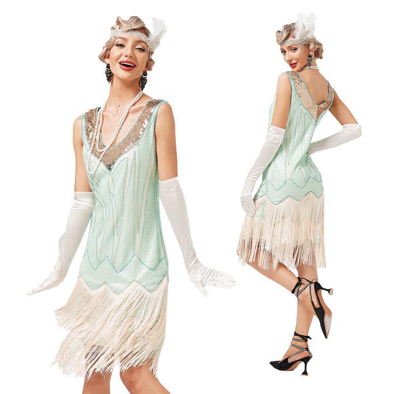 European and American retro 1920V collar double-layer tassel dress Gatsby cocktail ball sequined beaded dress