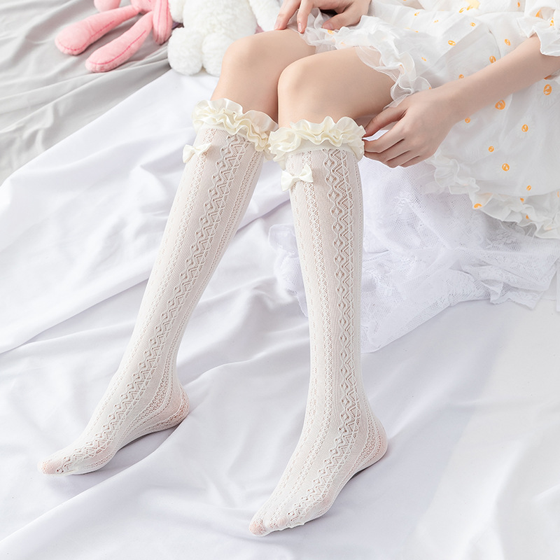 Bow White Lace Mid-Tube Knee-High Pile Socks Women_voghion.com