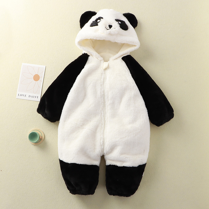 Baby Panda Jumpsuit Rabbit Fur Double Layer Baby Winter Hooded Climbing Suit Newborn Cute Plush Home Pajamas