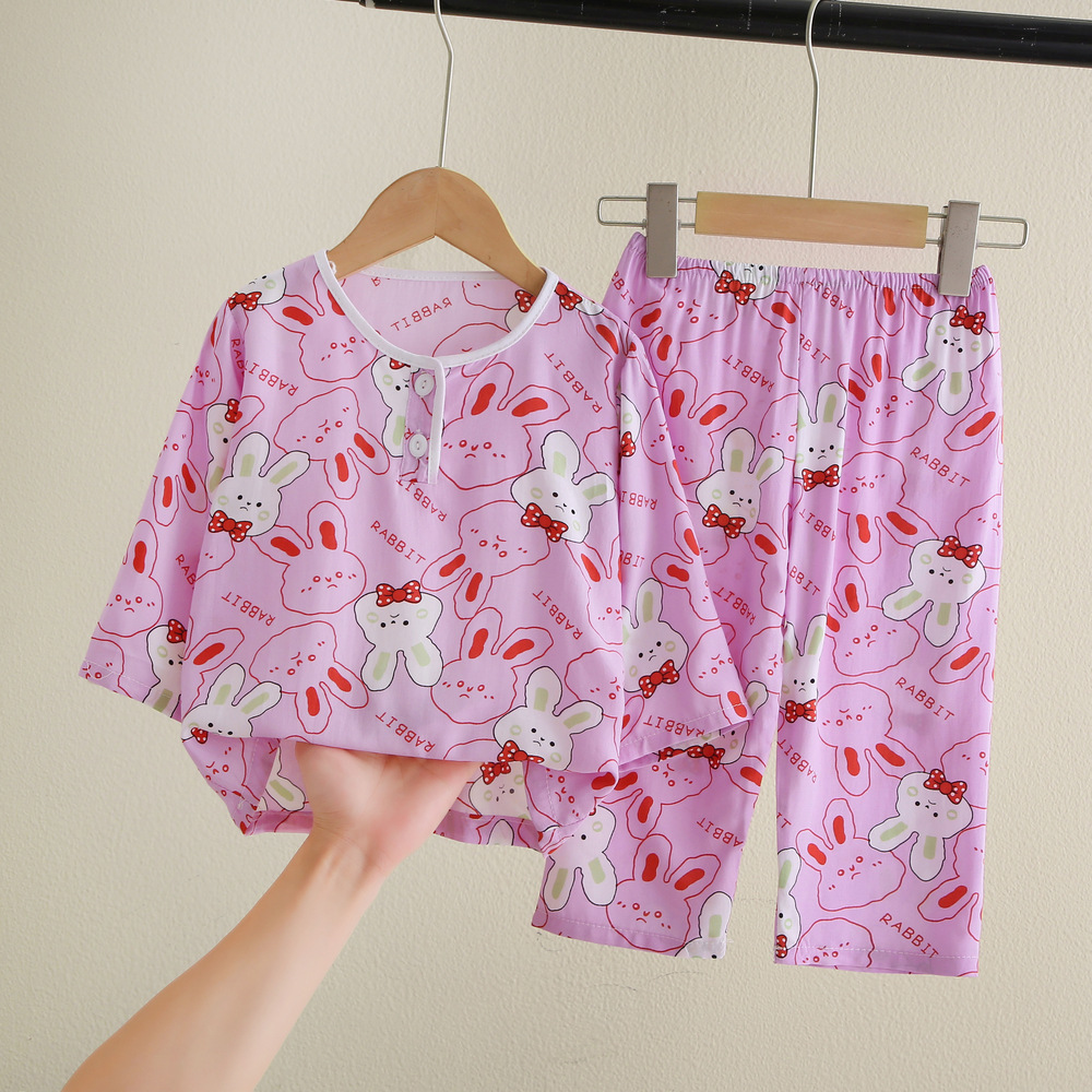 [Free shipping for 30 sets] cotton silk children's pajamas boys and girls home wear suit wicking breathable cotton silk air conditioning clothes